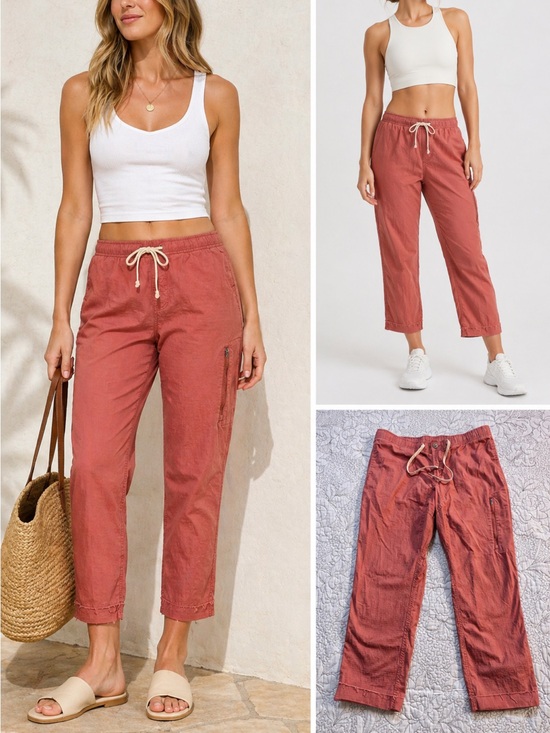 Vuori Pants - Vuori Ripstop Crop Pants Earthy Red Raw Hem Drawstring Lightweight Sz L🧡